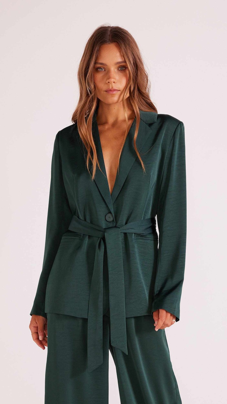 Clothing MINKPINK | Erin Satin Belted Blazer Emerald Green