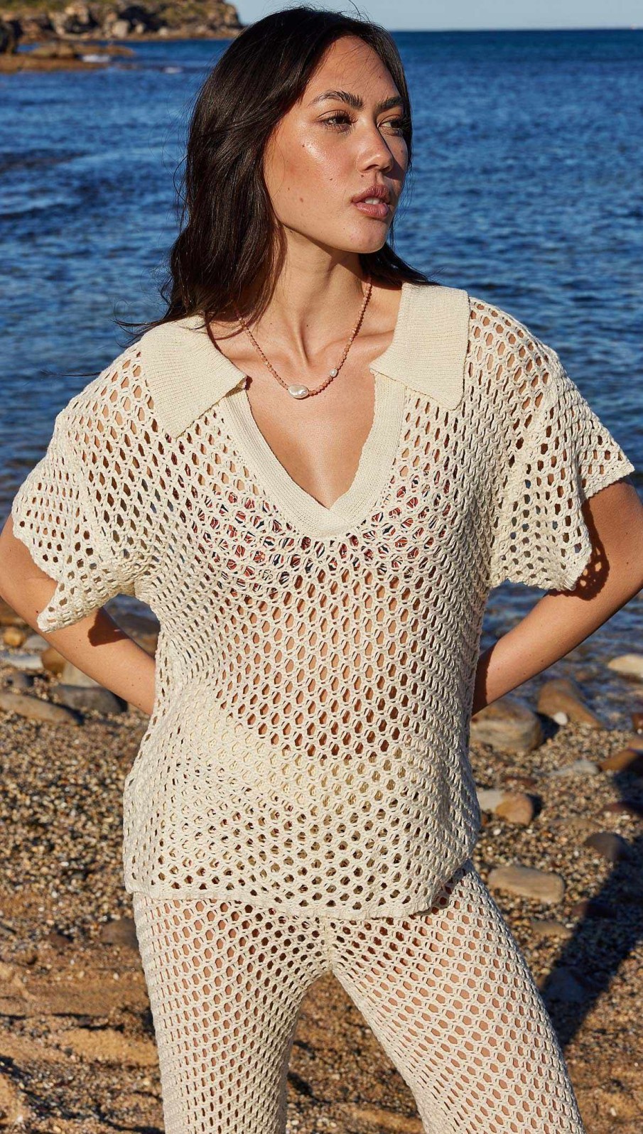 Clothing MINKPINK | Balmy Crochet Knit Top Cream