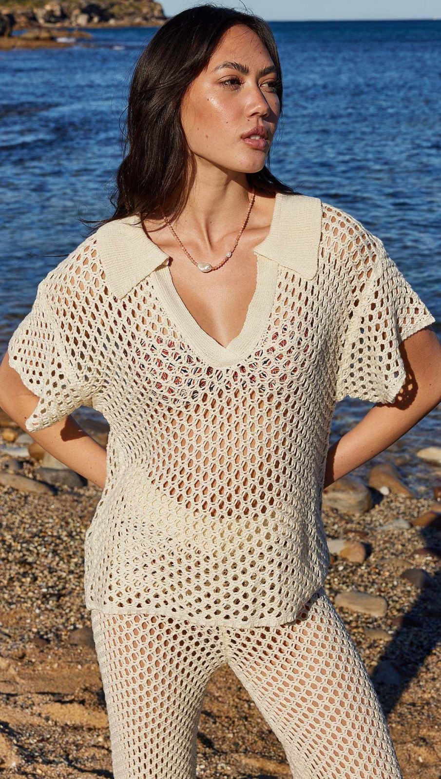 Clothing MINKPINK | Balmy Crochet Knit Top Cream