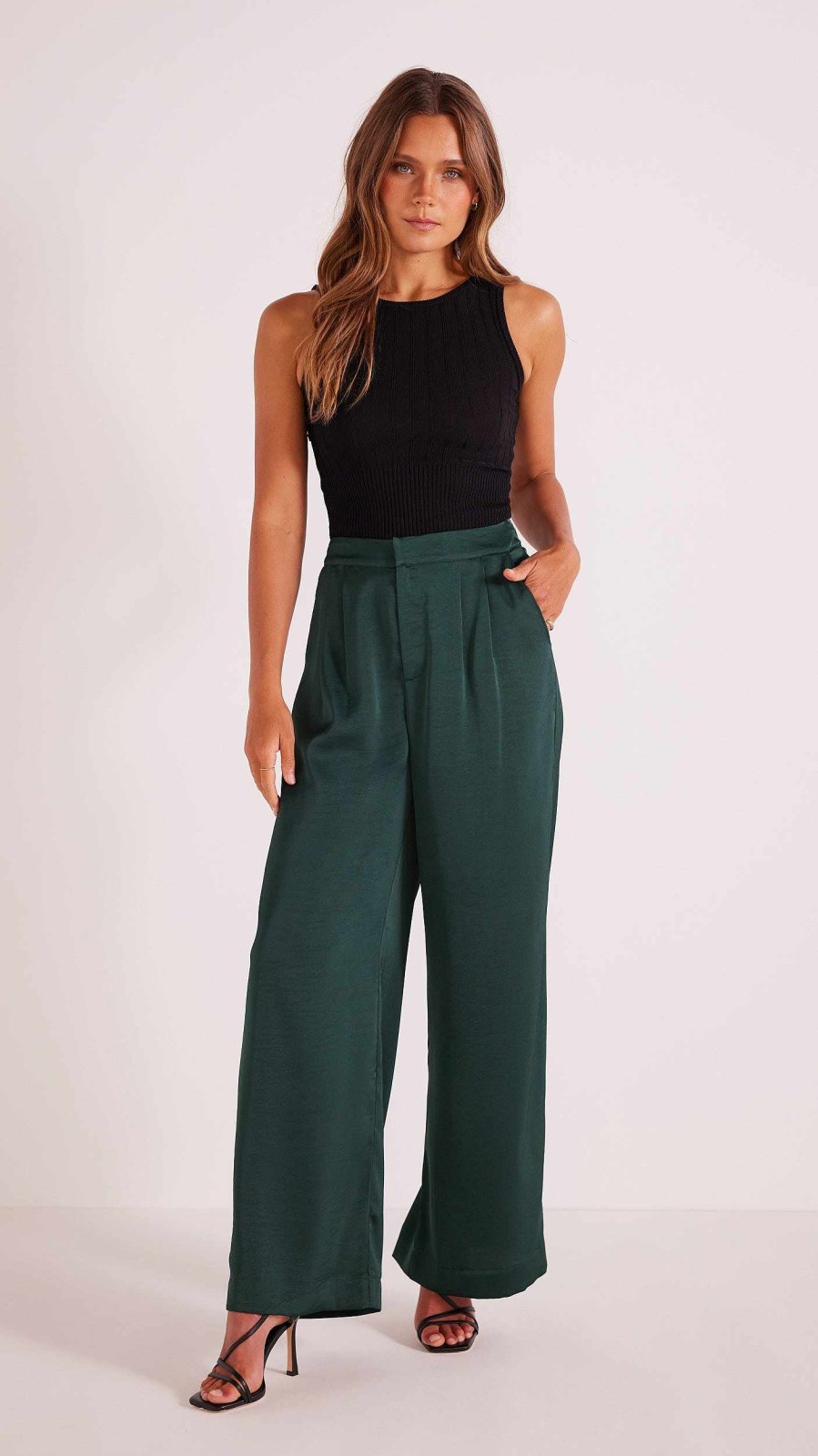 Clothing MINKPINK | Erin Satin Wide Leg Pant Emerald Green