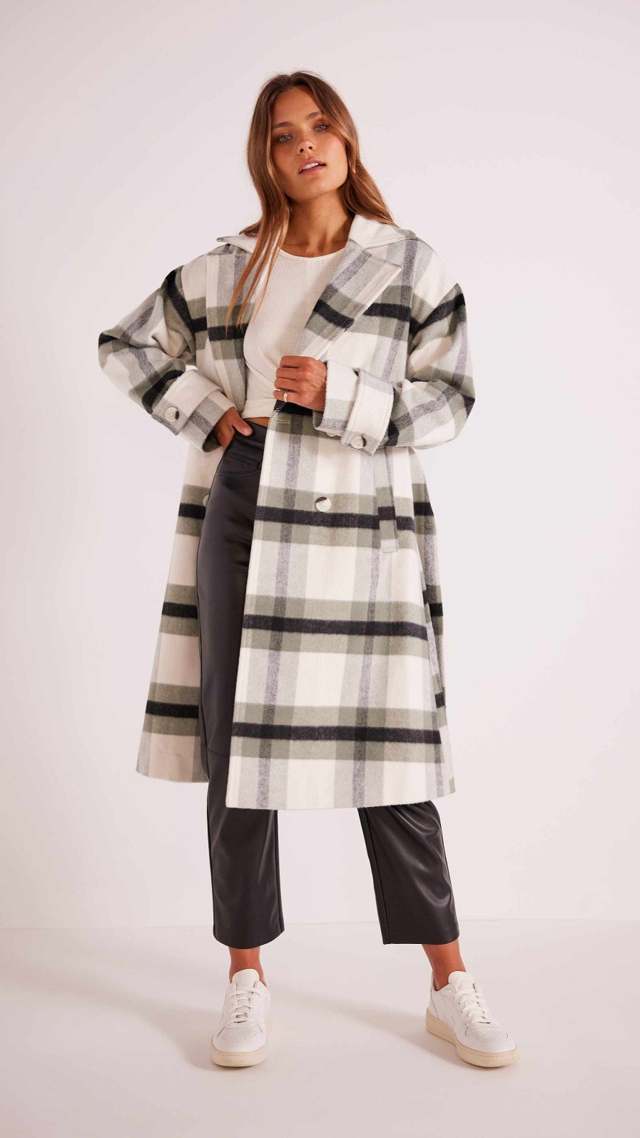 Clothing MINKPINK | Watson Wool Blend Check Coat Cream/Green