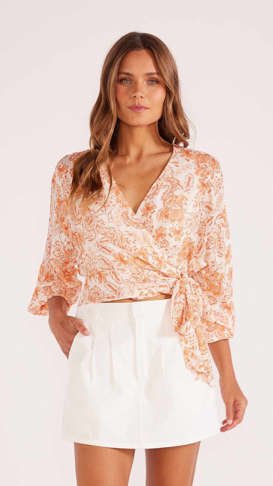 Clothing MINKPINK | Malia Wrap Blouse White/Coral