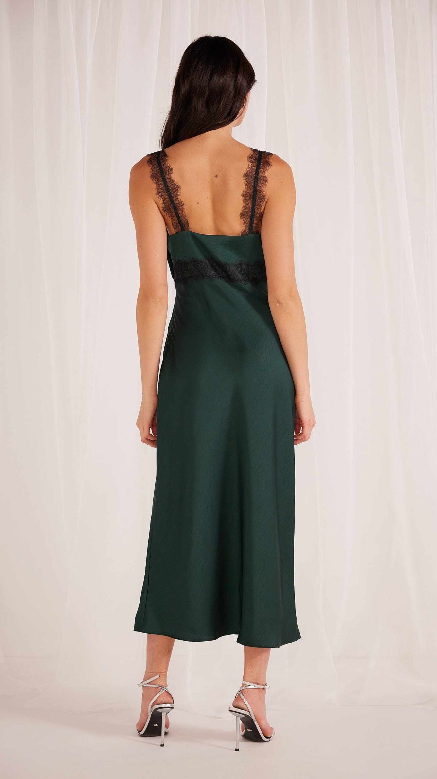 Dresses MINKPINK | Erin Lace Trim Satin Midi Dress Emerald Green