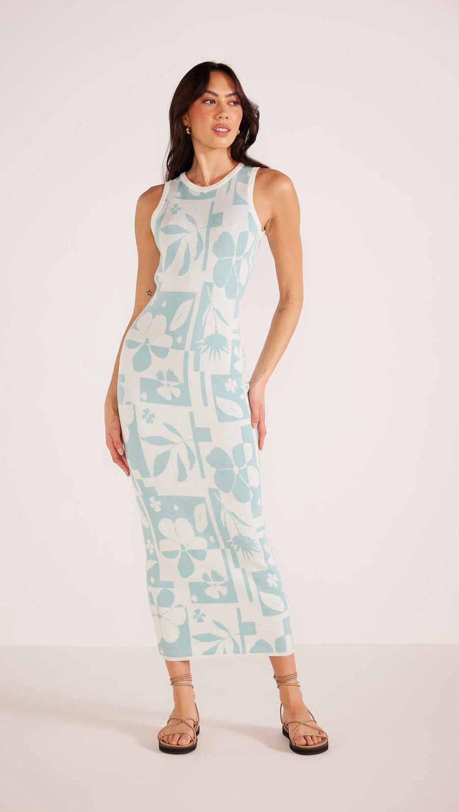 Clothing MINKPINK | Lacy Intarsia Knit Midi Dress White/Blue Floral