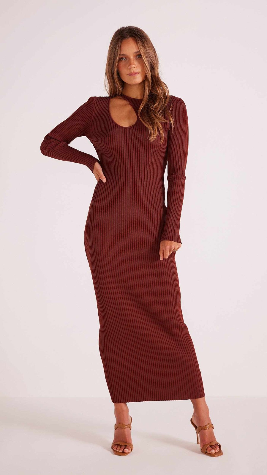 Dresses MINKPINK | Amber Cut Out Knit Midi Dress Chocolate