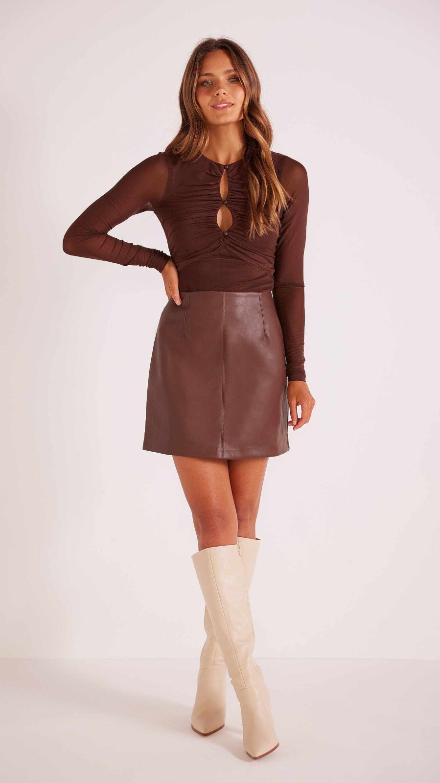 Clothing MINKPINK | Lani Faux Leather Mini Skirt Chocolate