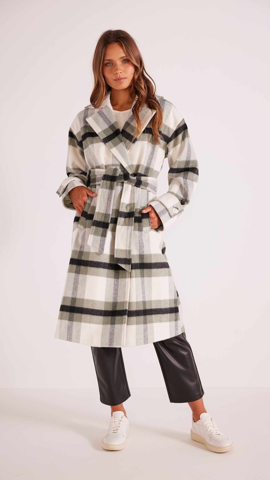 Clothing MINKPINK | Watson Wool Blend Check Coat Cream/Green