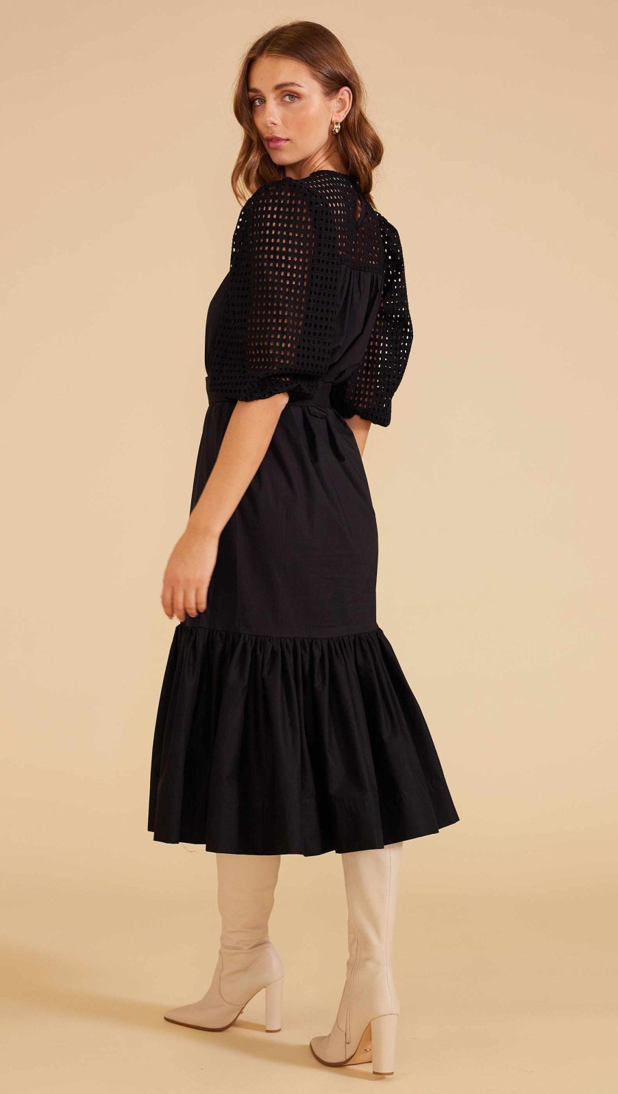 Dresses MINKPINK | Lucia Belted Broderie Midi Dress Black