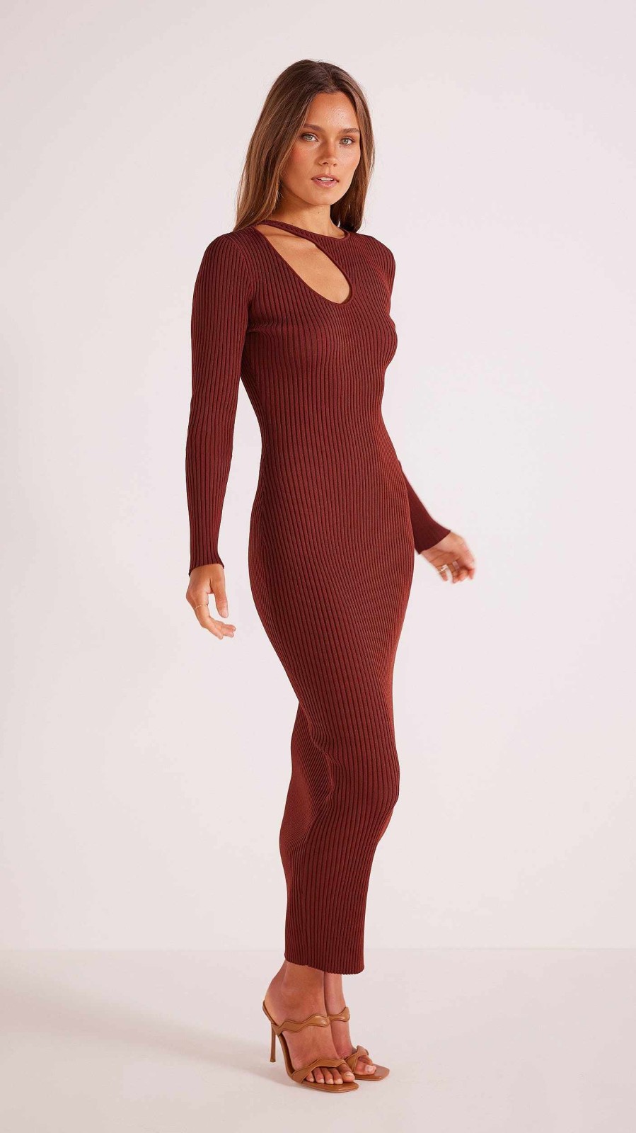 Clothing MINKPINK | Amber Cut Out Knit Midi Dress Chocolate