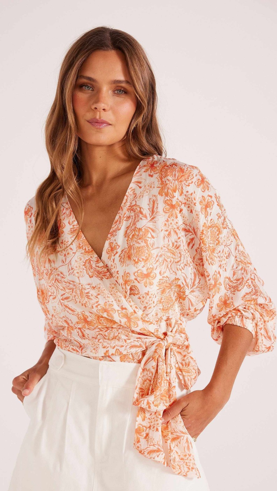 Clothing MINKPINK | Malia Wrap Blouse White/Coral