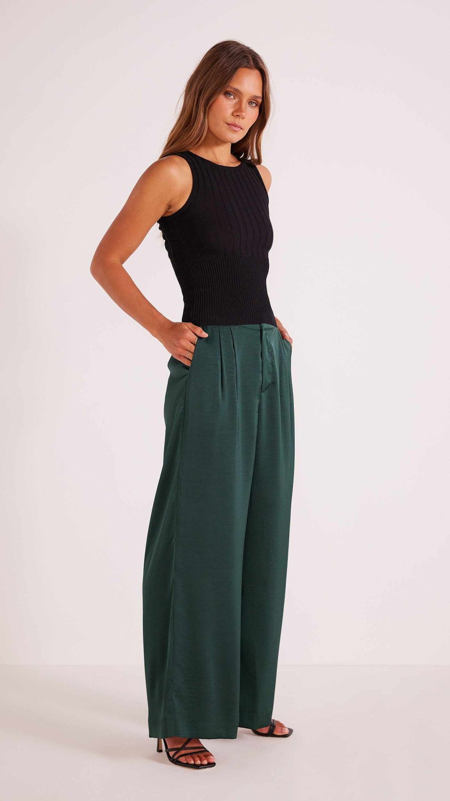 Clothing MINKPINK | Erin Satin Wide Leg Pant Emerald Green